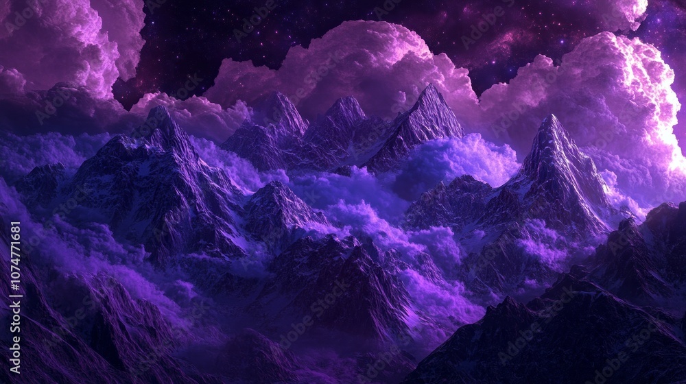 Poster a purple mountain range with clouds and stars in the background