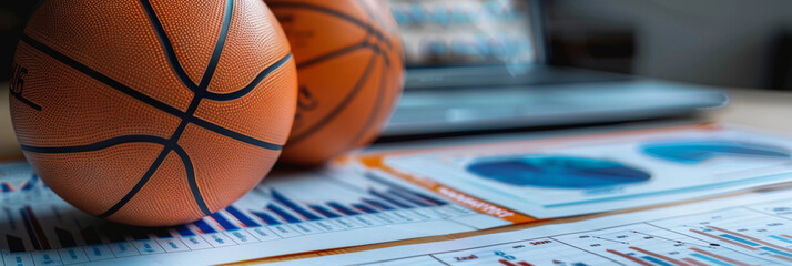 Basketball on a digital scoreboard with glowing orange neon lines and futuristic interface elements.