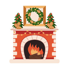 Fototapeta premium Cozy fireplace adorned with Christmas trees and wreath flat color vector object. Peaceful holiday warmth at home illustration on white background