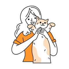 Smiling young woman in orange t-shirt holds cute cat color linear icon. Happy female reflects joy spending time with adorable pet doodle simple illustration