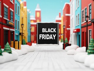 A colorful street scene displays a "Black Friday" sign, surrounded by decorative trees and whimsical buildings, creating a festive shopping atmosphere.