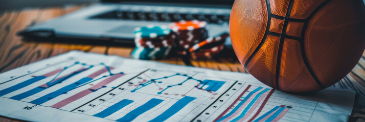 Basketball on a digital scoreboard with glowing orange neon lines and futuristic interface elements.