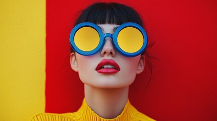 Close-up of a stylish woman in futuristic blue glasses, red lipstick, against a striking red and yellow background.