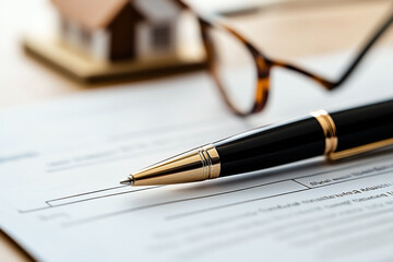 Glasses and a pen resting on a document, symbolizing real estate planning, with a small house model in the background. 