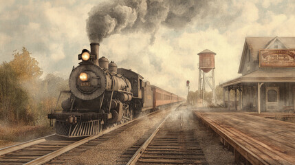 Vintage steam train arriving at rustic railway station with water tower