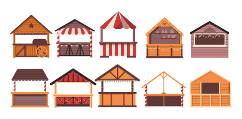 Festive winter fair wooden stalls models flat color vector objects set. Christmas season market kiosks illustrations bundle on white background