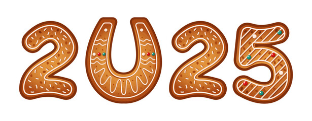 Gingerbread cookies with horseshoe forming number 2025 decorated with icing flat color vector objects. Upcoming New Year and festive holiday season illustration