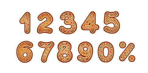 Gingerbread cookies in form of digits and percentage flat color vector objects set. Festive snacks delicious font illustrations bundle on white background