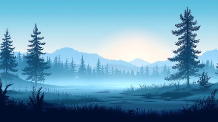 Fototapeta premium Tranquil Misty Landscape at Dawn with Silhouetted Trees and Gentle Hills Under a Soft Blue Sky, Ideal for Nature and Outdoor Themed Projects