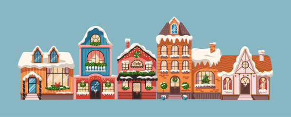 Dreamlike winter village houses in winter flat color vector illustration. Christmas building with decorated facades cartoon composition on blue