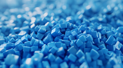 Closeup of blue plastic polypropylene granules, masterbatch polymer grain with shallow dof. HDPE or PVC resin pellets. 3d render illustration