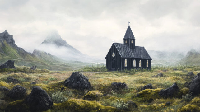 Misty landscape with black church in icelandic countryside
