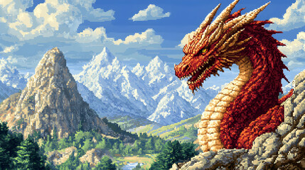 Fototapeta premium Pixel Art Dragon Illustration with Mountains and Forest