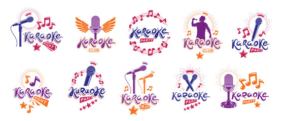 Karaoke party or club logos and emblems vector set isolated, singing music nightlife entertainment weekend theme, microphones and musical notes compositions.