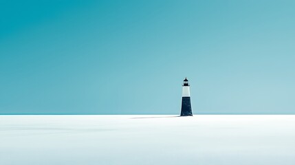 Obraz premium Serene Coastal Lighthouse Standing Tall Amidst Vast White Snowy Landscape Under Clear Blue Sky Evoking Tranquility and Solitude in Nature's Beauty