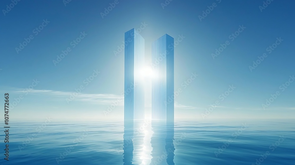 Poster ethereal reflection of two towering structures emerges from tranquil waters under a serene blue sky 