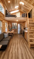 Modern Tiny House Interior Design With Natural Wood, Spacious Open Loft Bedroom, Minimalist Living