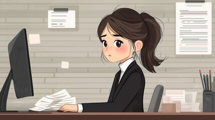 Stressful Asian businesswoman sitting at her desk, drawn in flat vector style, She looks overwhelmed with a tense expression, 