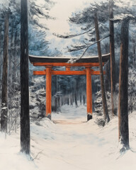 The bright red Torii gate pops against the white snow, with fine pencil strokes 