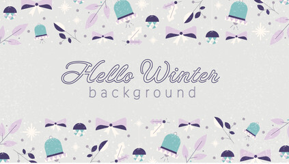 Hello Winter Background. Christmas holiday background with decorative decorations, ornaments, bells, and leaves in soft pastel tones.
