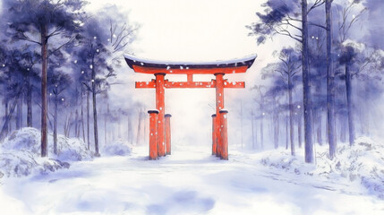 The bright red Torii gate pops against the white snow, with fine pencil strokes 