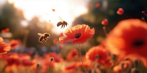 Obraz premium A field of poppies, with bumblebees buzzing between the flowers