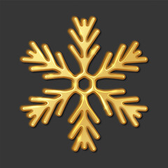 Obraz premium Golden snowflake shining pattern realistic vector illustration. Christmas holiday happy atmosphere 3d object image on black background