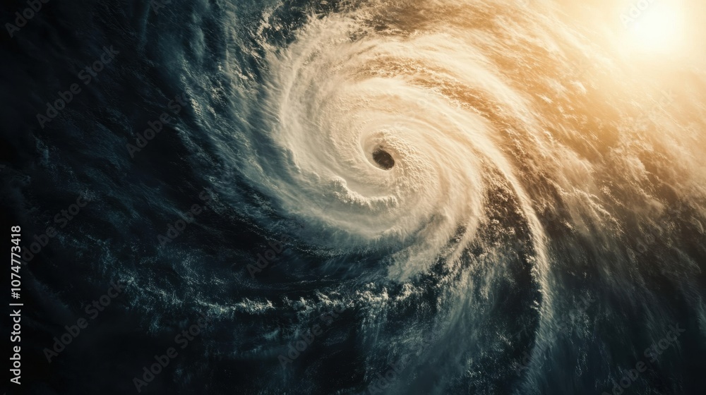 Poster a massive hurricane churns in the ocean, showcasing dark clouds and a defined eye as sunlight pierce