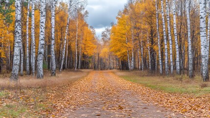 Obraz premium Golden Autumn Pathway Lined with Vibrant Maple Trees.Concept of autumn, seasonal change, tranquility, nature, path, forest, maple trees, nature, hiking, outdoor activities.