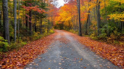 Obraz premium Golden Autumn Pathway Lined with Vibrant Maple Trees.Concept of autumn, seasonal change, tranquility, nature, path, forest, maple trees, nature, hiking, outdoor activities.