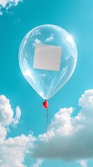 Obraz premium Clear Balloon Ascending in a Bright Blue Sky with White Clouds and a Blank Area for Customization or Branding Opportunities
