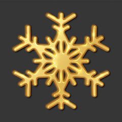 Golden metal snowflake sparkling realistic vector illustration. Festive atmosphere Christmas decoration 3d object on black background