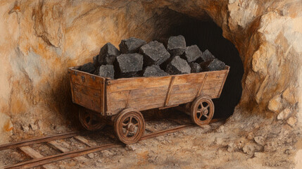 Vintage mining cart filled with coal exiting rustic tunnel
