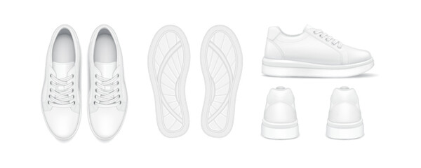 Training sneakers design realistic vector illustration set. Athletic shoes for running comprehensive view 3d models on white background