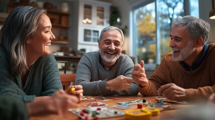 A joyful gathering of friends at home, playing board games and sharing laughter on a cozy afternoon