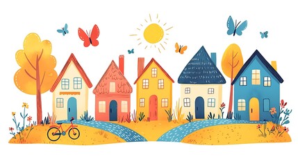 Bright and Cheerful Illustration of Colorful Houses with Trees, Butterflies, and a Bicycle in a Whimsical Landscape Setting for Creative Projects