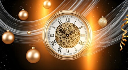 Christmas background with clock, balls, and ribbons in golden colour stock image