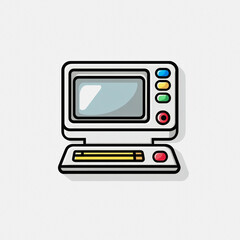 A minimalist flat icon depicting a simple desktop computer with a monitor and keyboard, designed on a clean white background for easy use in digital projects.