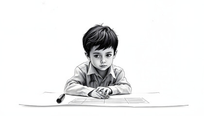 Psychologist near boy drawing on paper isolated with white highlights, png