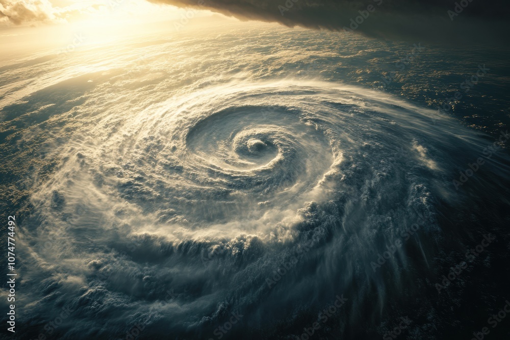 Poster a colossal hurricane churns over the ocean, showcasing swirling clouds and turbulent waters under th