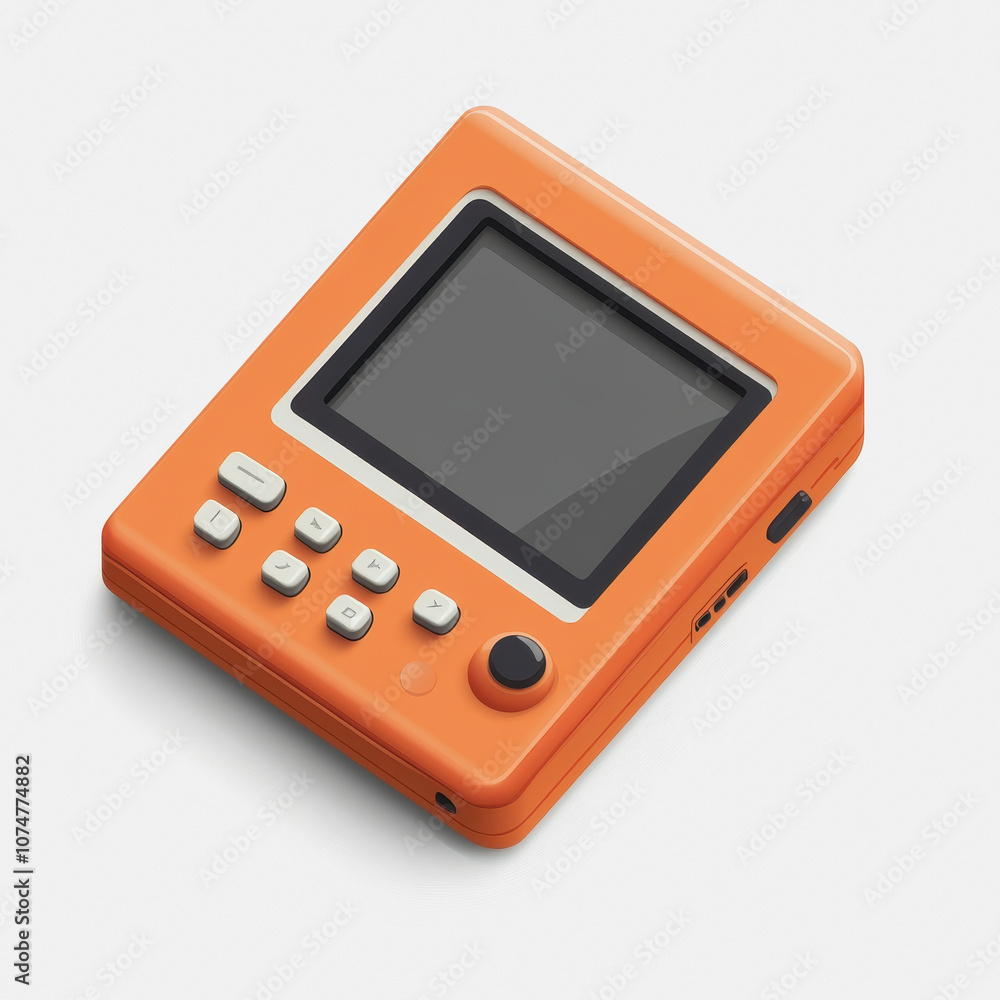 Poster this image features an orange handheld gaming device set against a clean white background, showcasin