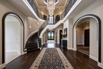 Contemporary Hallway Featuring an Intricately Designed Staircase in an Upscale Villa