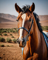 Obraz premium Royalty-Free Stock Image of a Majestic Brown Horse Wearing Bridle in Scenic Desert Landscape with Mountains in Background, Perfect for Horse Photography and Equestrian-Themed Wall Art