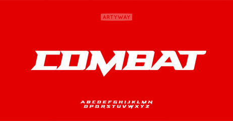 Combat alphabet, bold italic sharp letters, powerful font for dynamic logo, striking headline, sport and automotive branding, speed race titles. Vector typeset.