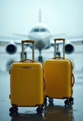 Two yellow suitcases on wet airport tarmac with an airplane in the back