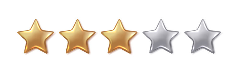 Golden and silver stars of customer rating realistic vector illustration. Visual representation of quality 3d objects on white background