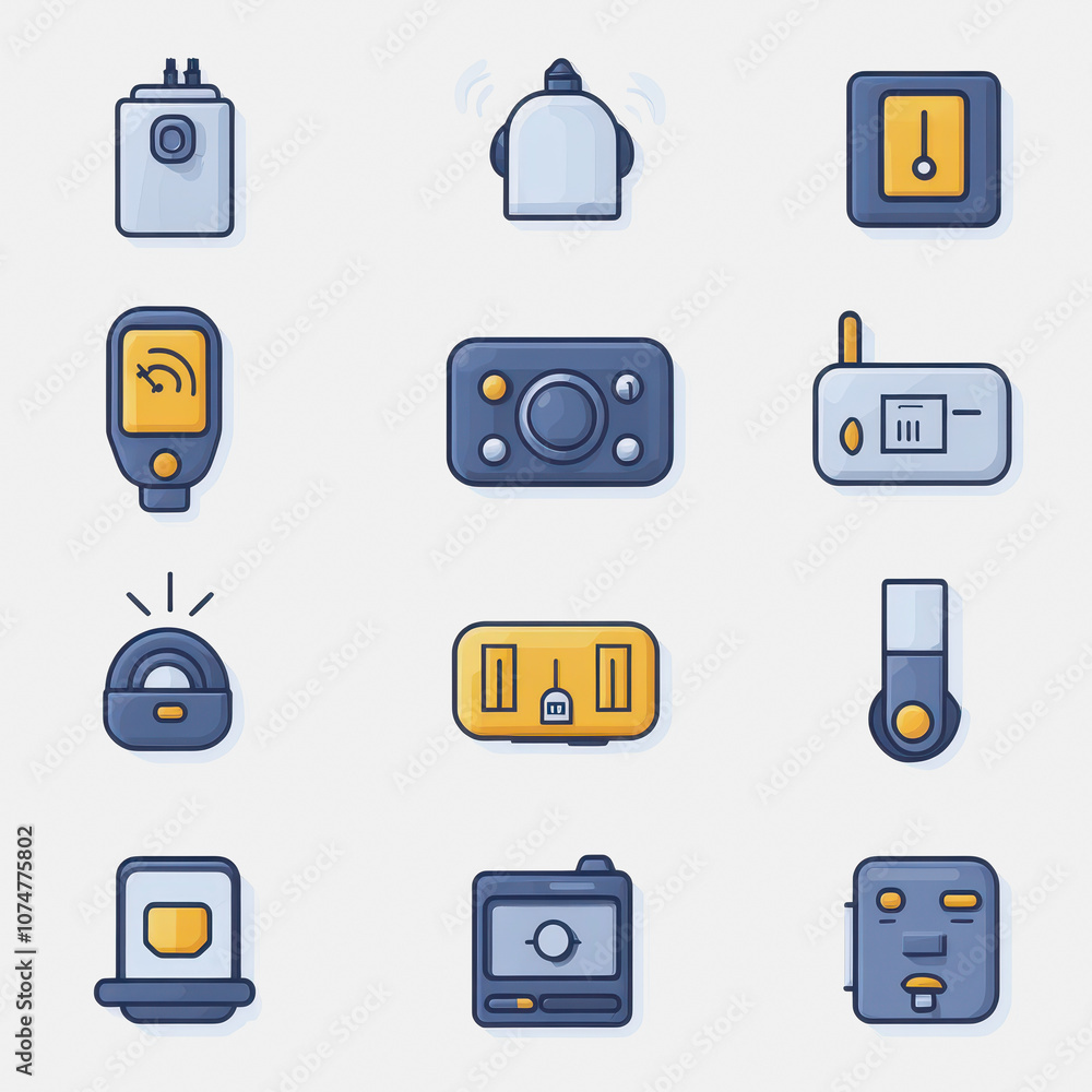 Poster a collection of flat icons representing home automation devices, featuring various controls, signals