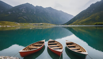 Obraz premium Rowboats moored in lake against mountains range 