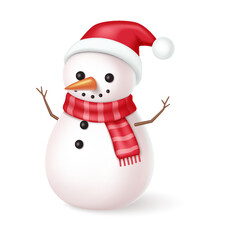 Cheerful snowman wearing Santa hat and scarf realistic vector illustration. Festive charm of Christmas celebrations 3d character on white