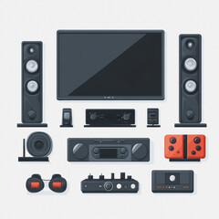 Obraz premium Modern Home Theater System Elements on White Background